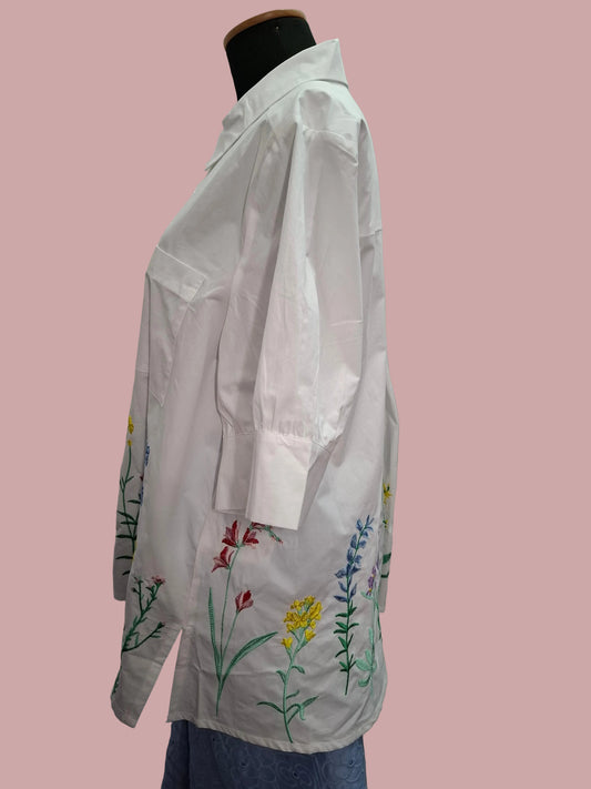 Camicia Romantica in Popeline di Cotone con Ricami Floreali