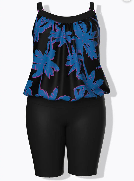 Tankini con shorts, palme, coppe morbide e spalline regolabili