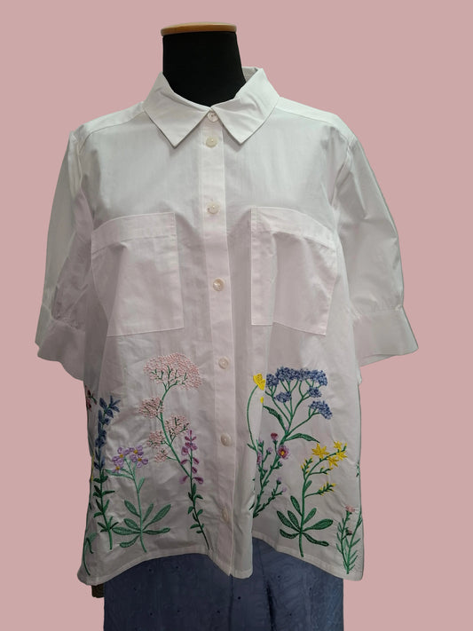 Camicia Romantica in Popeline di Cotone con Ricami Floreali